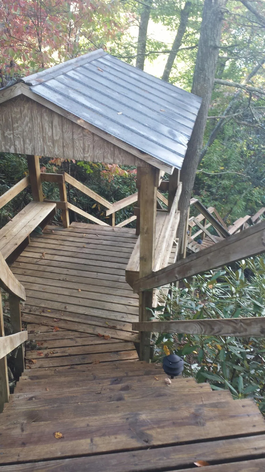 Metal roofed shelter over wooden steps on a wooded walkway — Skylight Repair & Installation work by our crew in Ridgefield